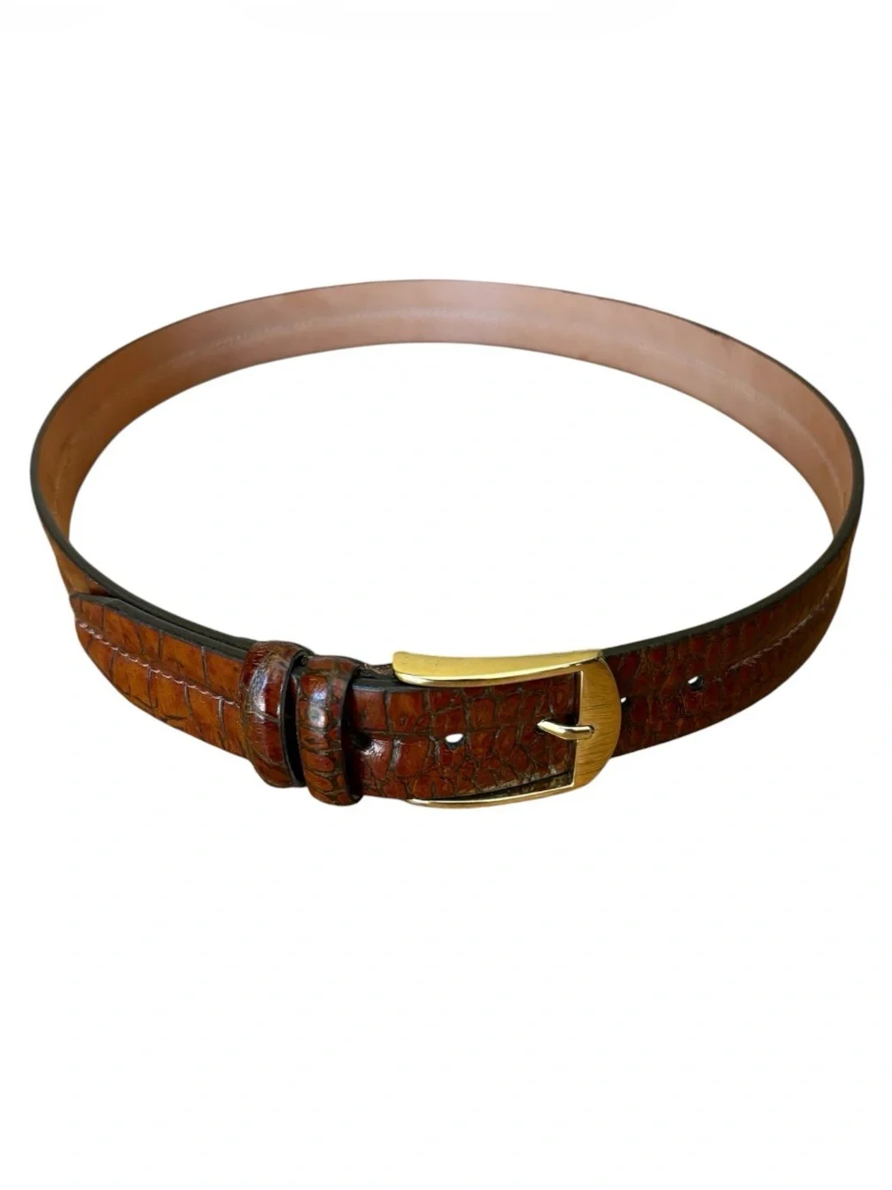 Alligator Grain Chestnut Brown Calf Leather Men’s Size 38 Belt Gold Buckle